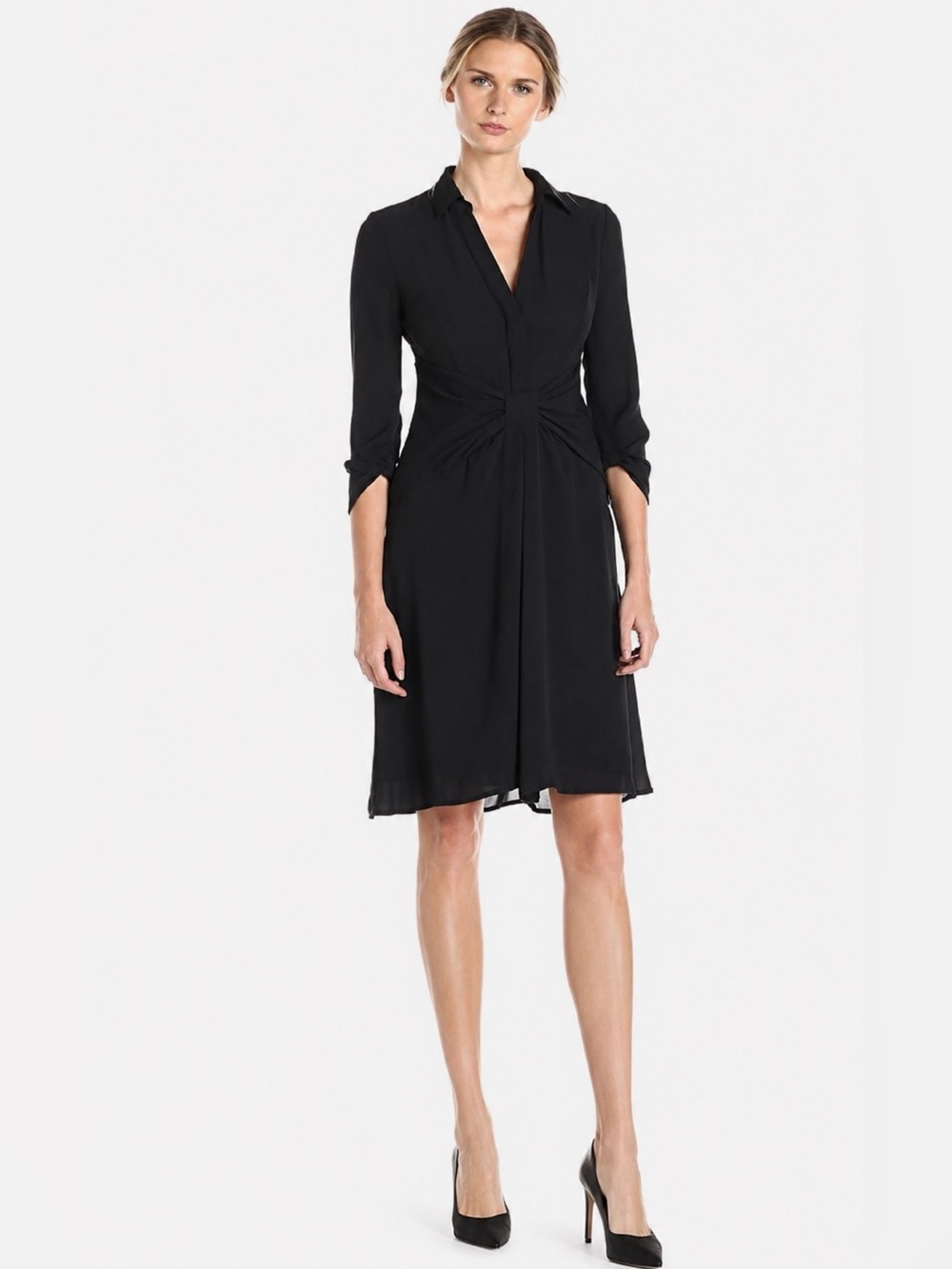 BCBGMAXAZRIA Tazar Black Shirtdress Knot Front 3/4 Sleeve Size 4